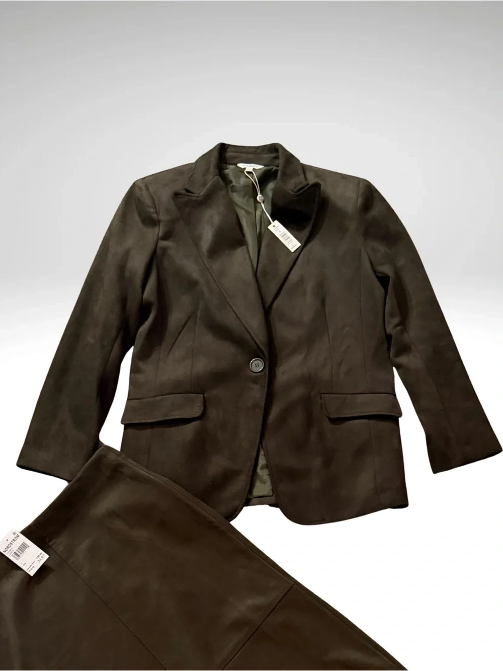 Max Studio Olive Suede Blazer and Skirt Set